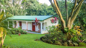 Una casa con techo verde, rodeada de exuberante follaje y plantas tropicales.