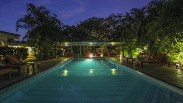 A swimming pool surrounded by palm trees and wooden lounge chairs, with a covered seating area in the background. - Hotel La Rosa de America (San José)