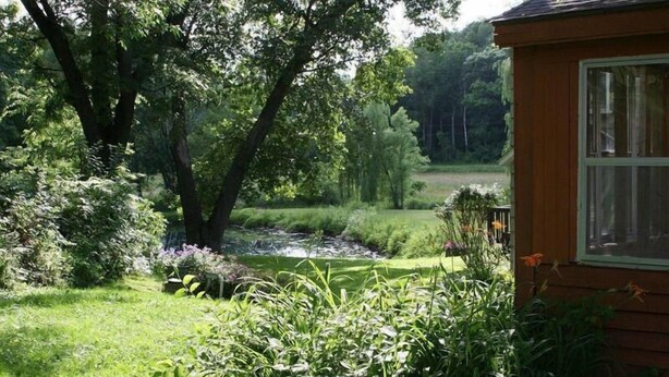 A garden with a small stream, lush greenery, and a wooden cabin.