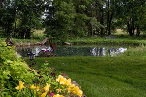 Un parque con un estanque, bancos y abundante vegetación.
