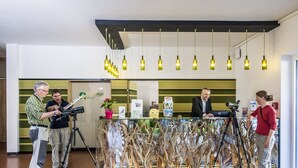 Un comptoir d’accueil avec une cloison en verre, des branches en bois et des lampes suspendues.