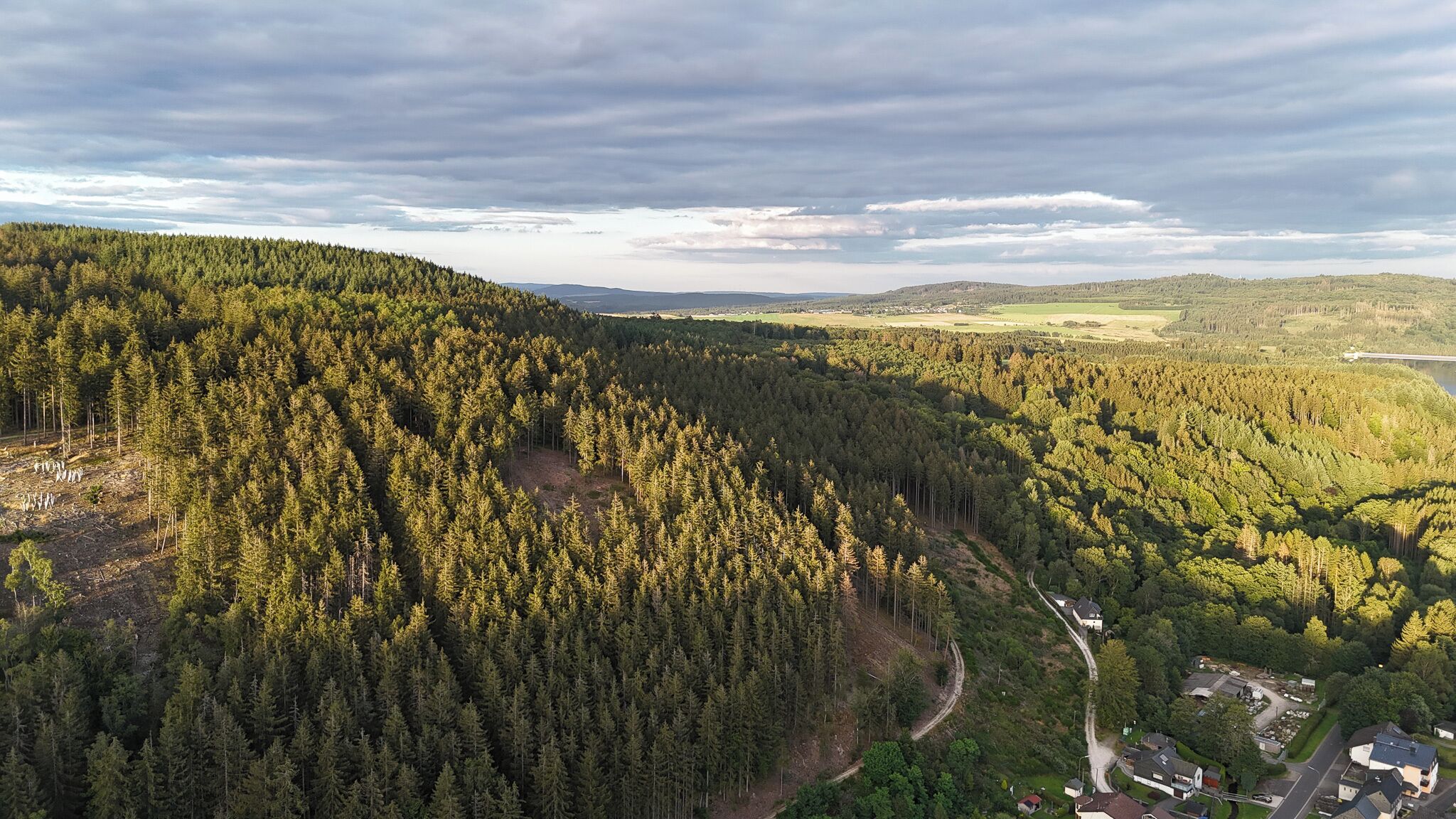 Un paysage boisé, avec une route sinueuse et quelques bâtiments dispersés.