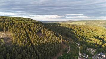 Un paysage boisé, avec une route sinueuse et quelques bâtiments dispersés.