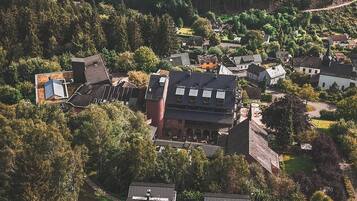 Zona residencial con casas rodeadas de un bosque denso.