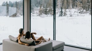 Een moderne woonkamer met een groot raam met uitzicht op een besneeerd landschap.