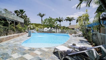 Outdoor pool, pool umbrellas, pool loungers