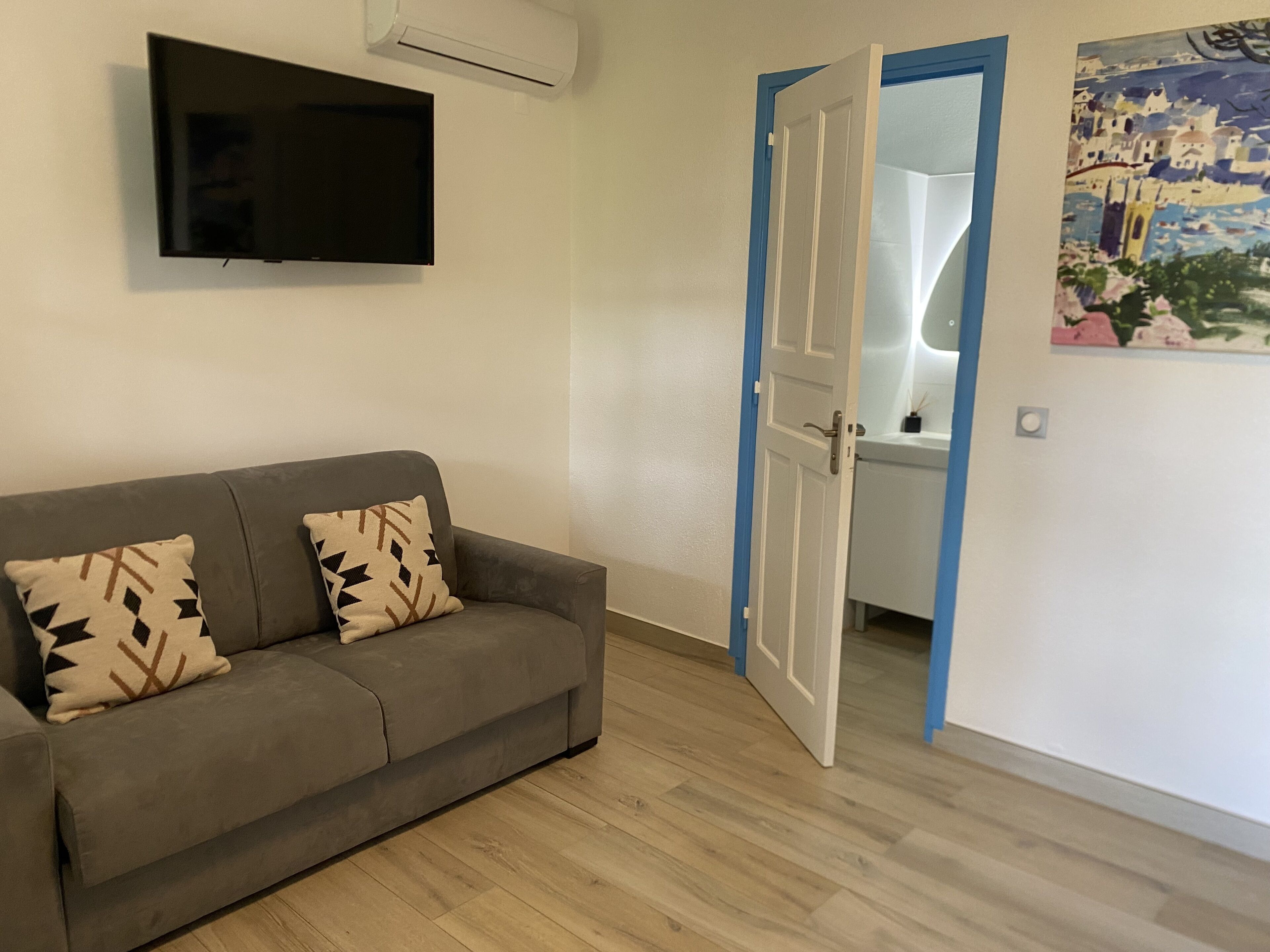 Un salon avec un canapé gris, deux coussins à motifs, un téléviseur fixé au mur et une porte donnant sur une salle de bain.