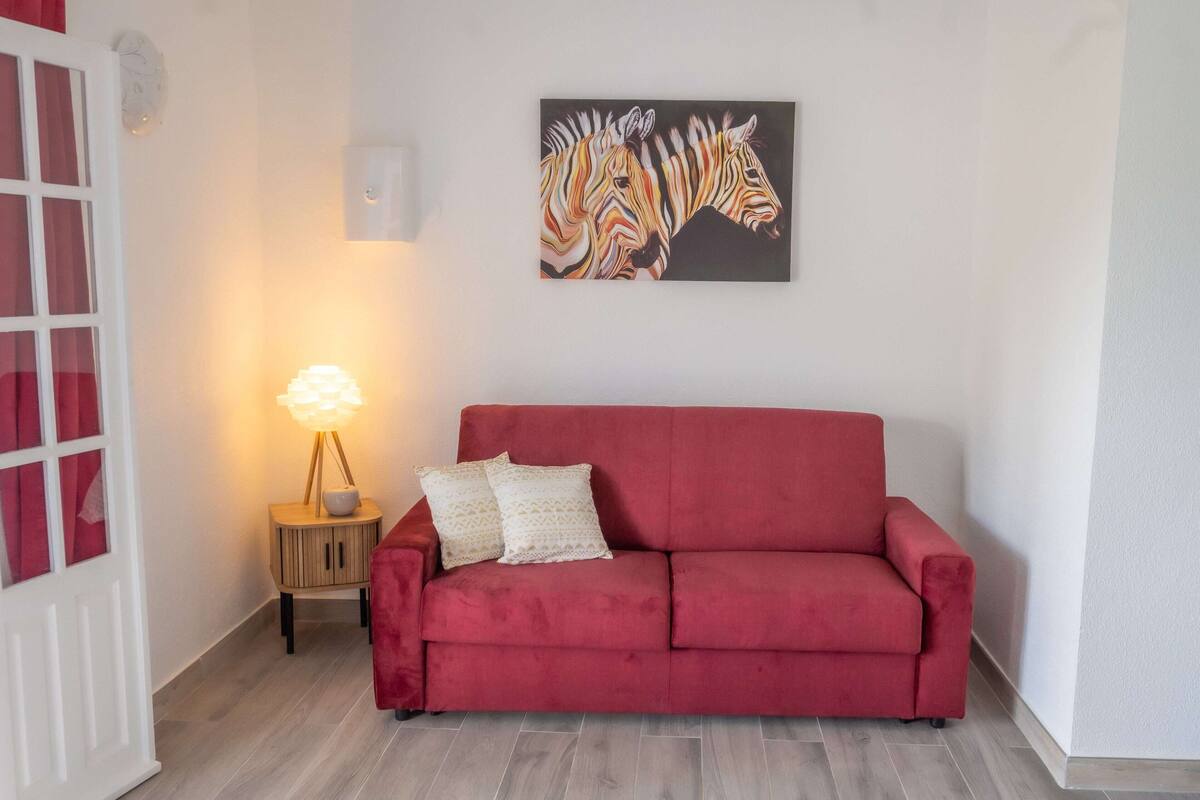 Un canapé rouge agrémenté de coussins à motifs, un tableau représentant une zèbre accroché au mur, une petite table d’appoint en bois avec une lampe, et une porte blanche avec des rideaux rouges.
