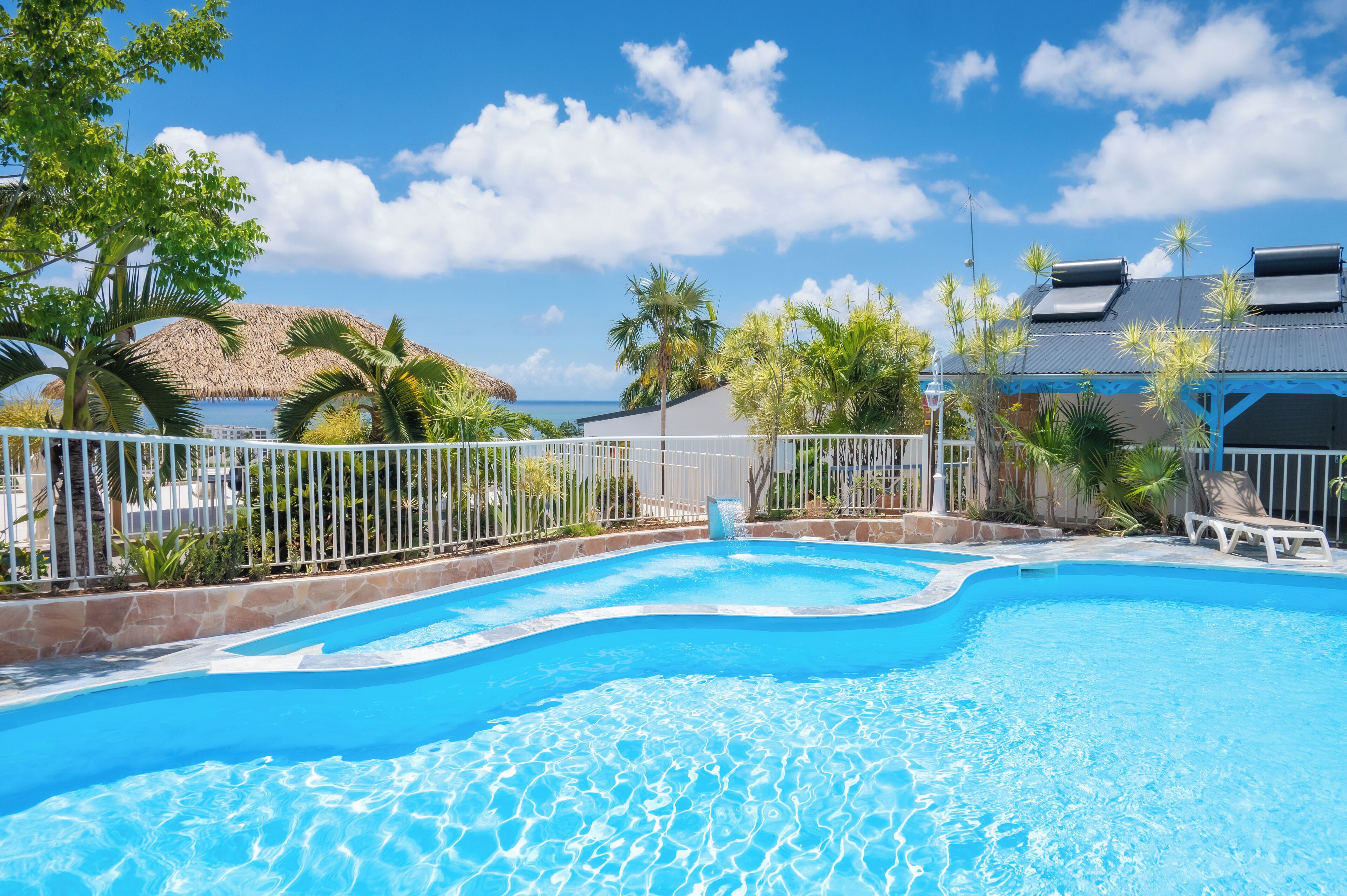 Outdoor pool, pool umbrellas, pool loungers