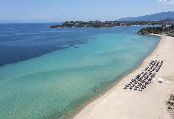 On the beach, sun loungers, beach umbrellas, beach towels