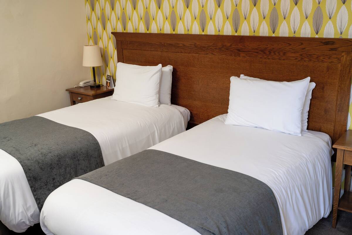 Ein Hotelzimmer mit zwei Einzelbetten, einem Holzkopfstück, einem Nachttisch mit Lampe und einer strukturierten Tapete.