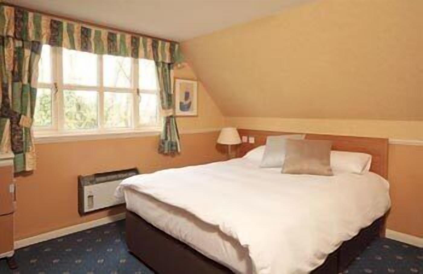 A bedroom with a large bed, a window with curtains, a bedside table with a lamp, and a wall-mounted heater.