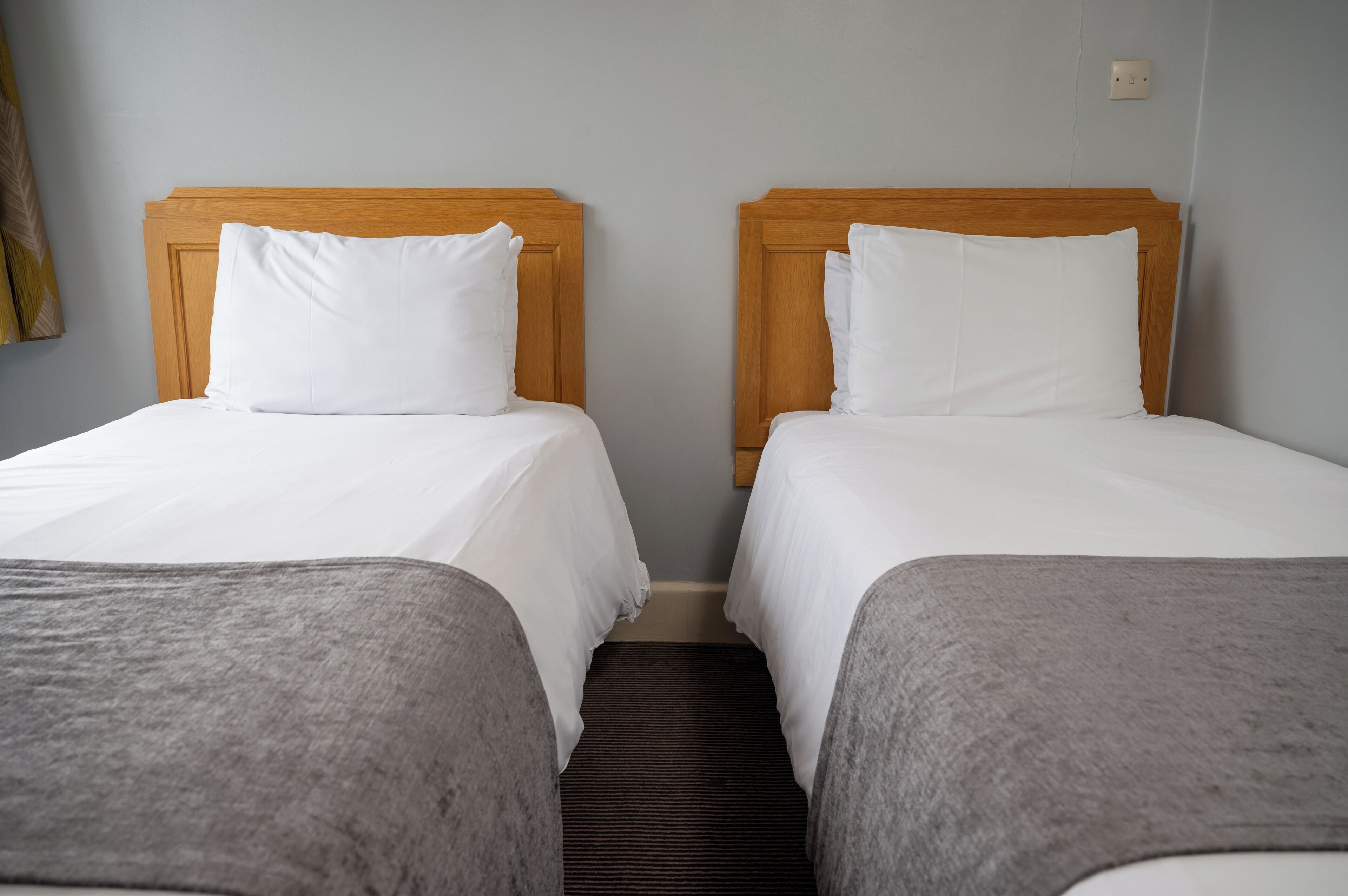 Two single beds with wooden headboards, white bedding, and a dark striped carpet.