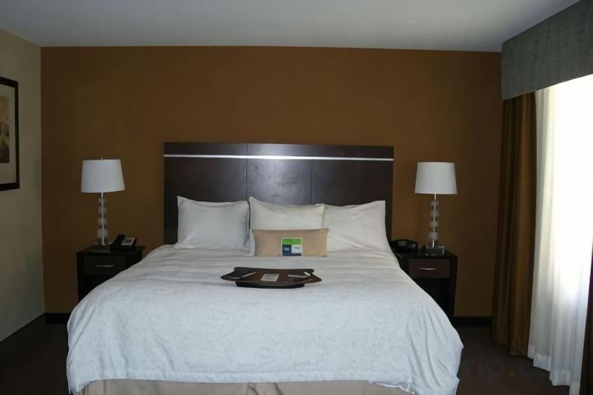 Habitación de hotel con una cama grande, dos mesitas de noche con lámparas y vistas al exterior.