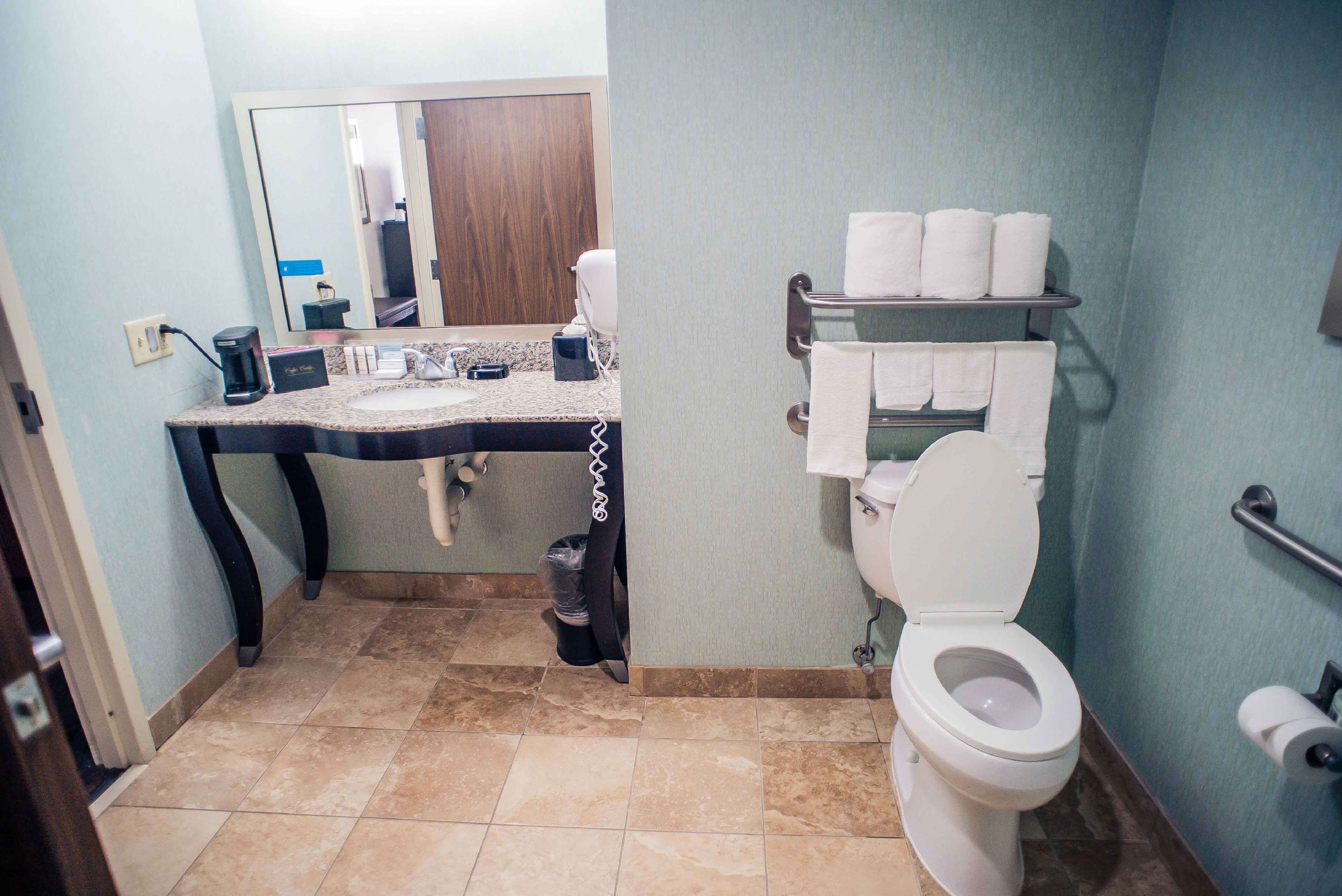 A bathroom with a sink, mirror, toilet, and towel rack.