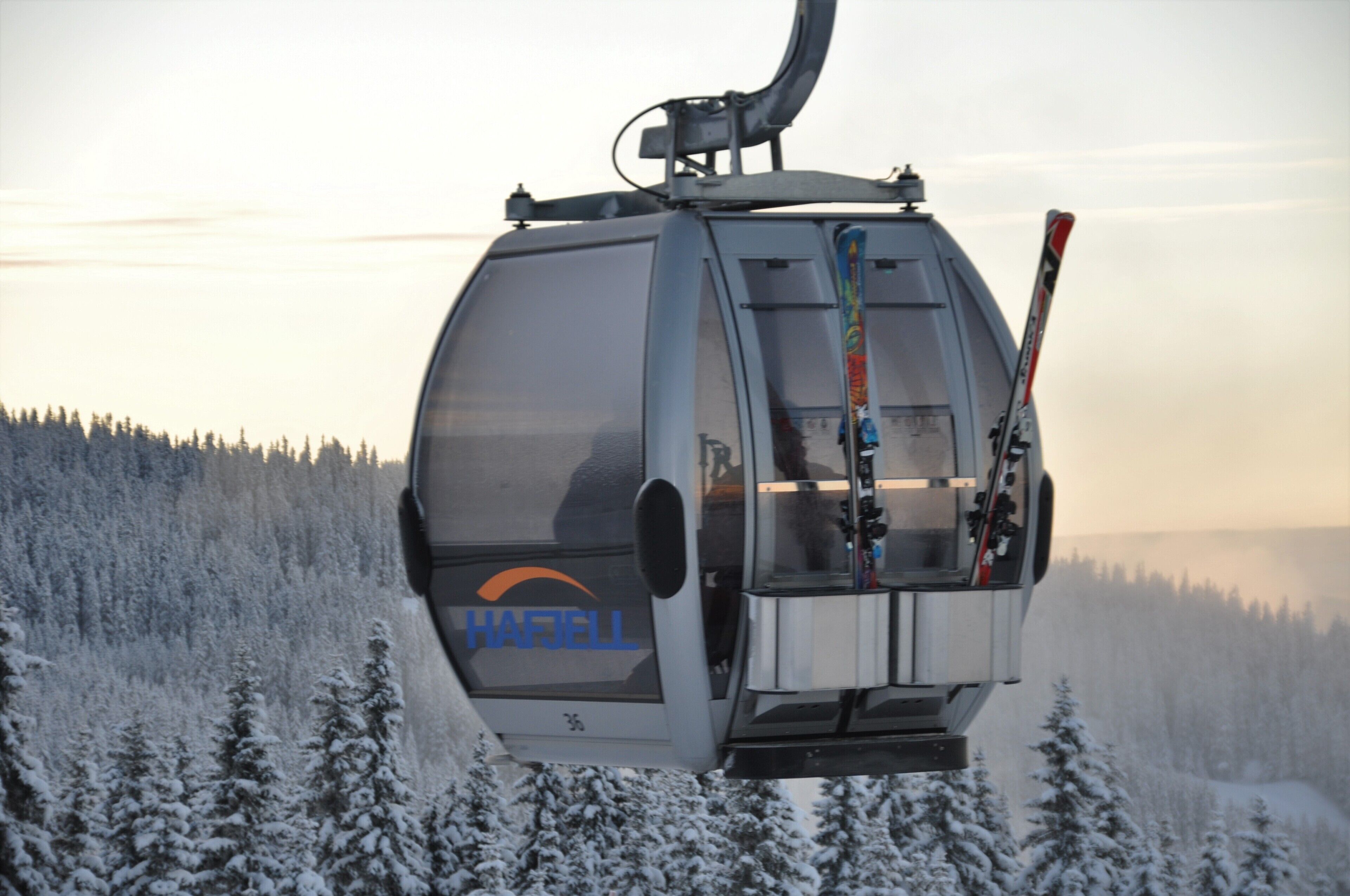 Un teleférico con la marca "HAFELL" a un lado, suspendido sobre un bosque nevado.