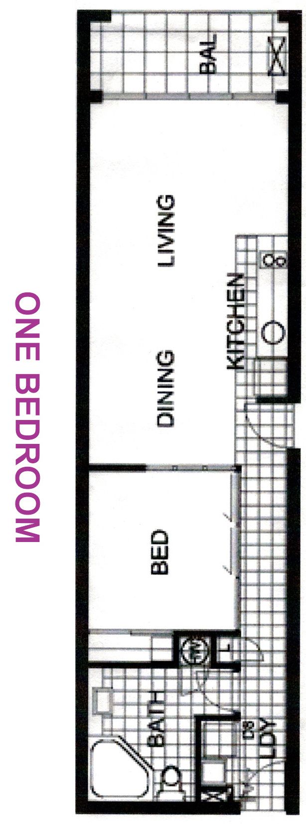 A one-bedroom apartment layout with a kitchen, dining area, living room, and a bathroom.