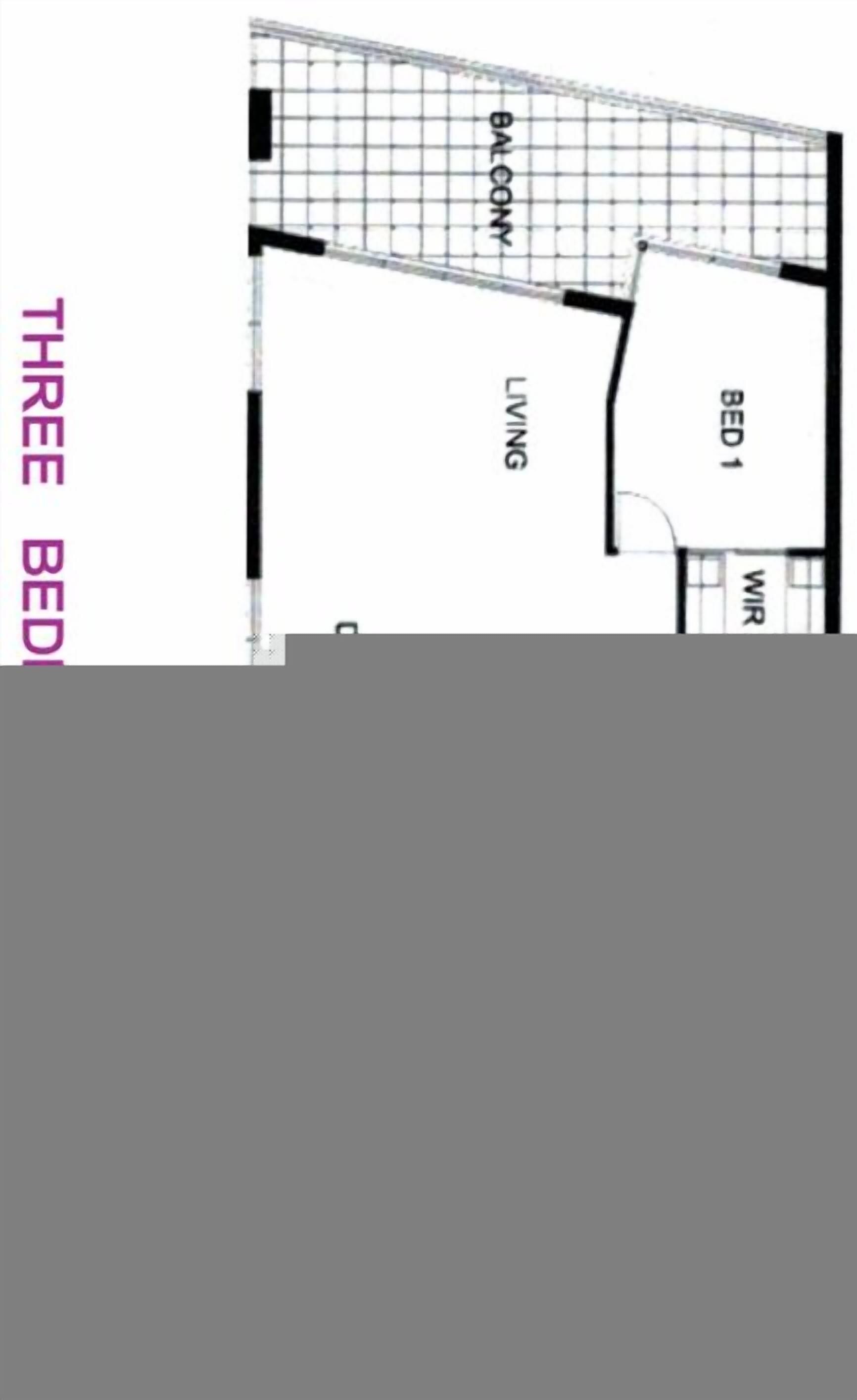 A floor plan of a three-bedroom apartment with a balcony, living area, and a designated workspace.
