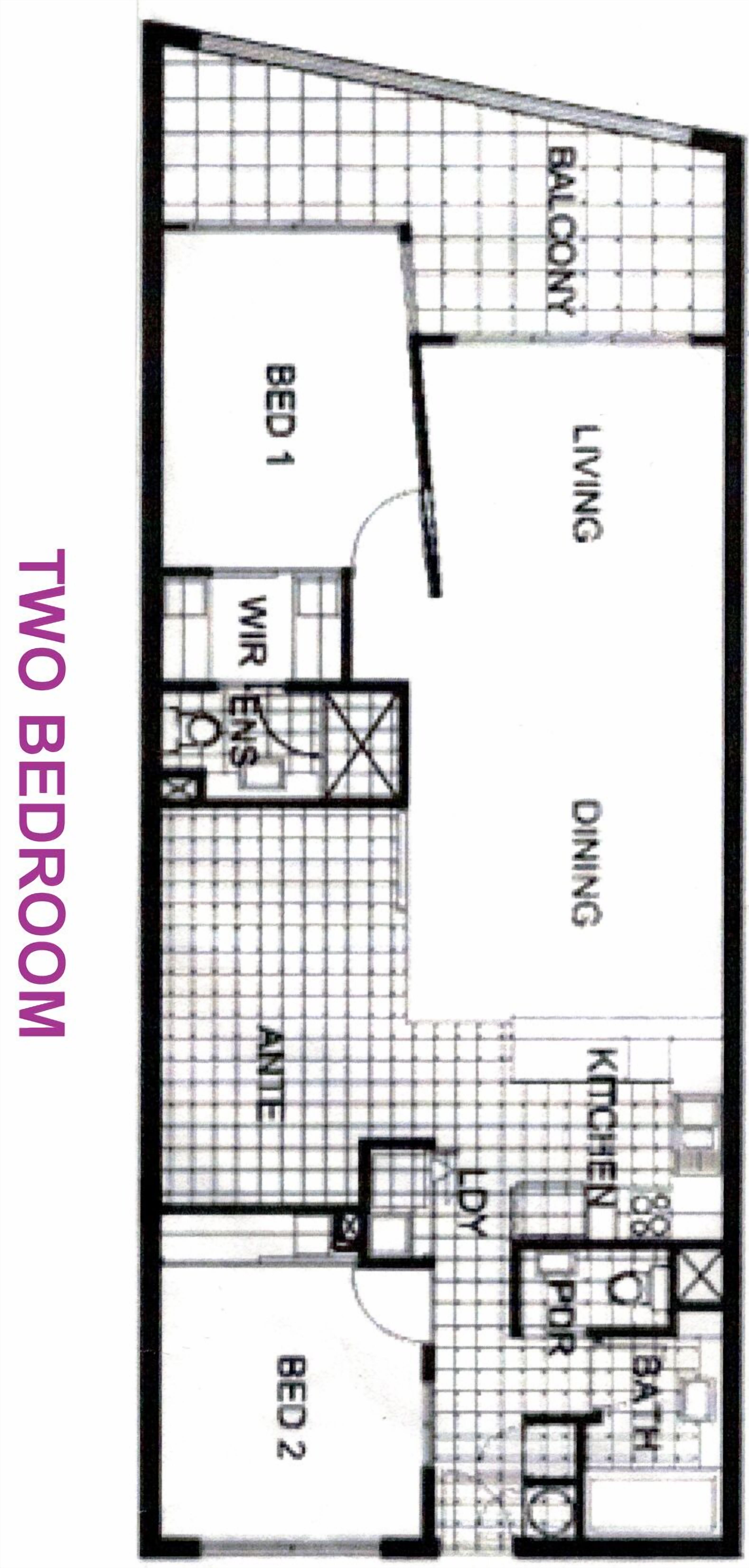 A two-bedroom apartment layout with a balcony, living room, dining area, kitchen, and bathroom.