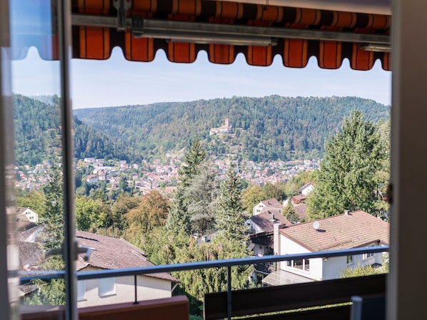 A view from a balcony overlooking a town nestled in a valley with dense forests and a hill with a tower.