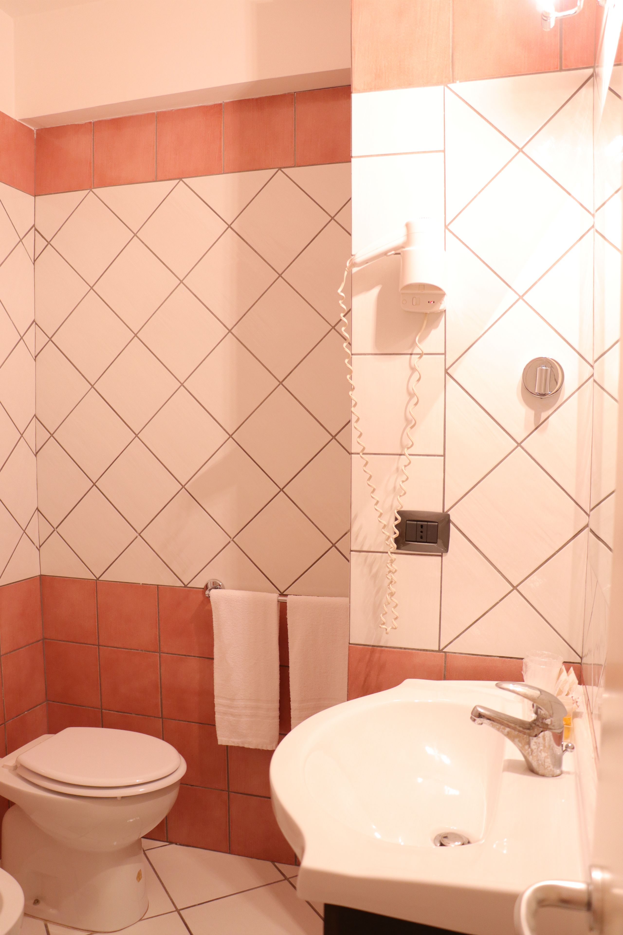 Une salle de bain équipée de toilettes, d’un lavabo et d’un sèche-cheveux fixés au mur.