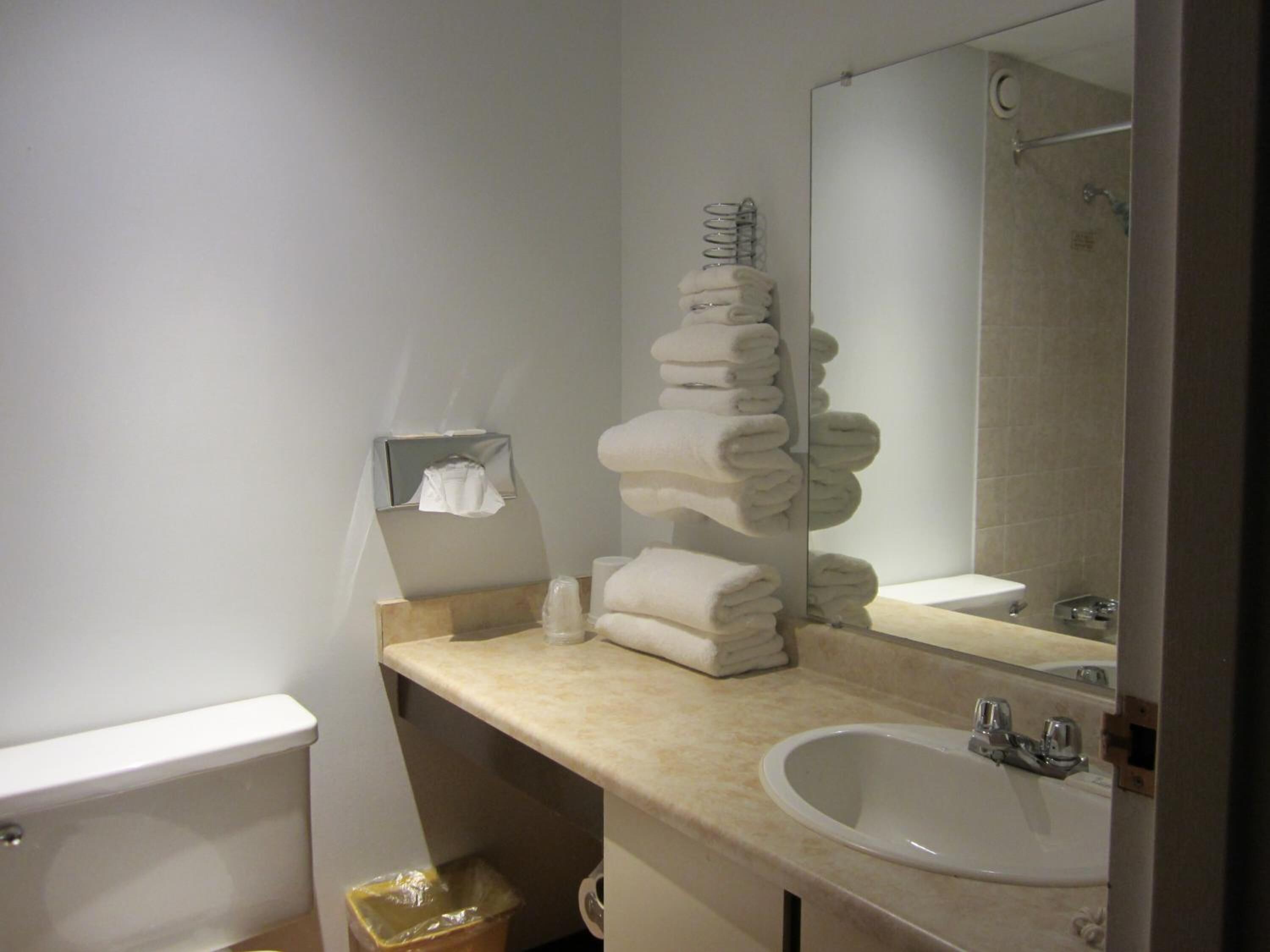 A bathroom with a toilet, sink, and a towel rack with folded towels.