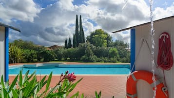 Una piscina al aire libre, sombrillas, sillones reclinables de piscina