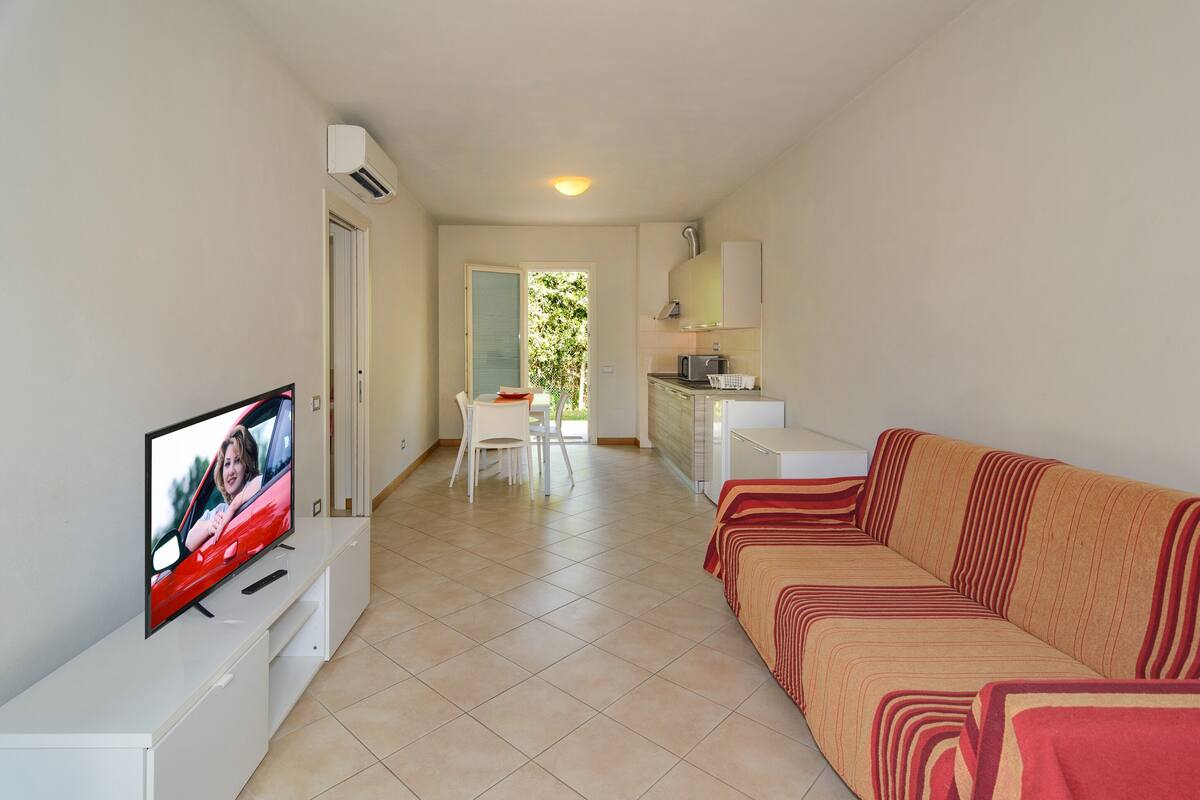 A living room with a TV, a sofa, a dining table, and a kitchen area.