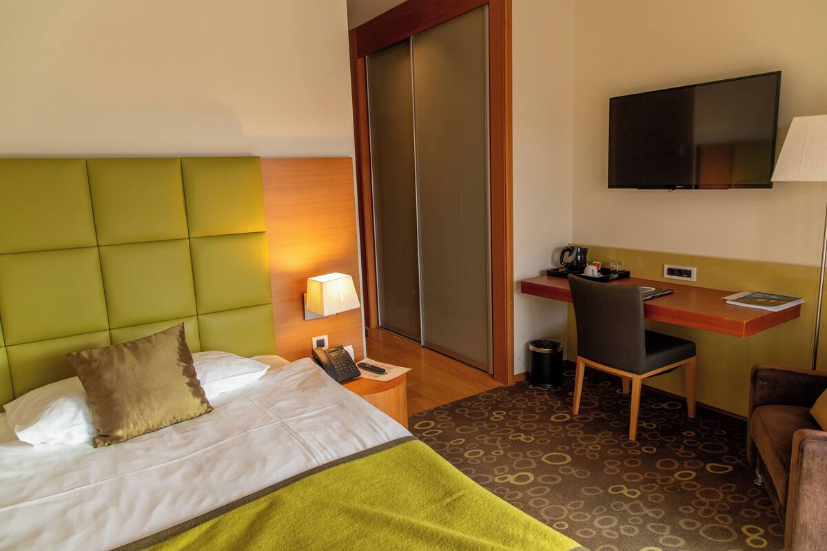 A hotel room with a bed, a desk, a chair, a TV, and a lamp.