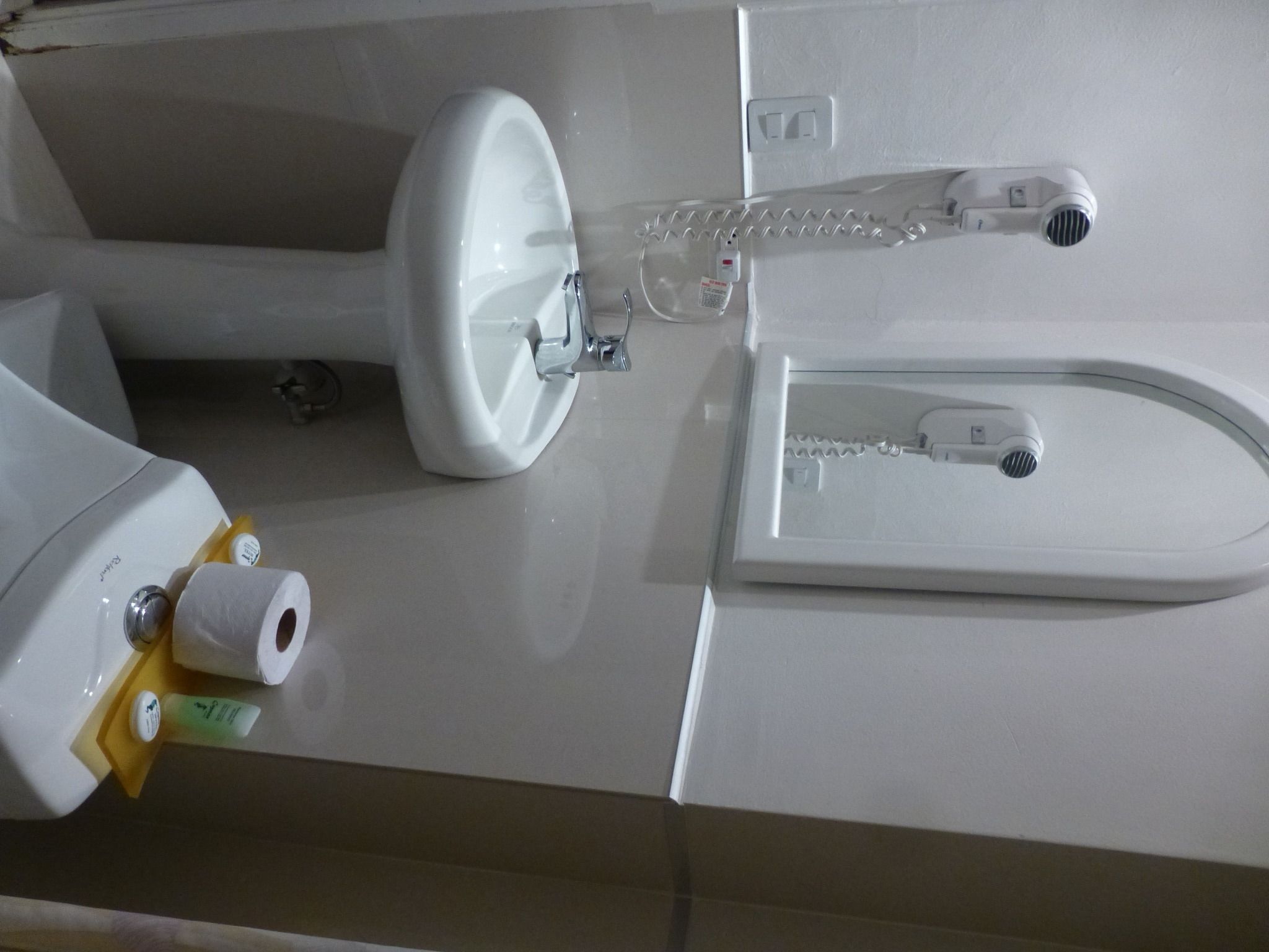 shower, hair dryer, towels, toilet paper