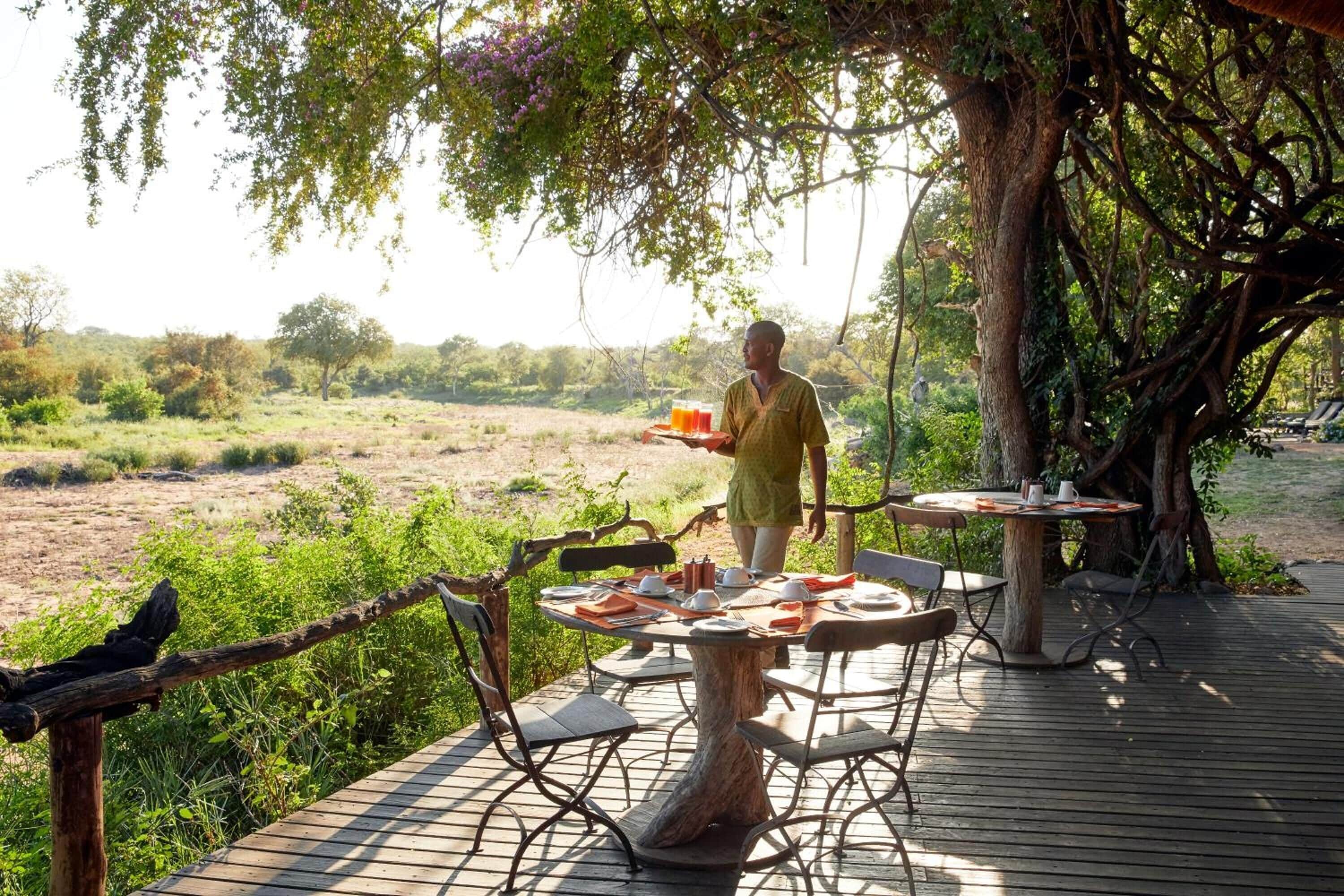 An outdoor dining area with tables and chairs, surrounded by greenery and trees.