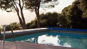 Una piscina con cubierta de madera y barandillas metálicas, rodeada de árboles y con montañas al fondo.