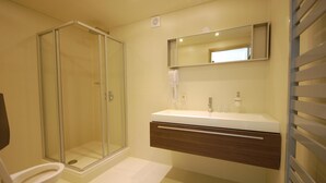 A modern bathroom with a glass shower enclosure, a white sink with a wooden vanity, and a mirror above the sink. - Bij hen op Ameland (Hollum)