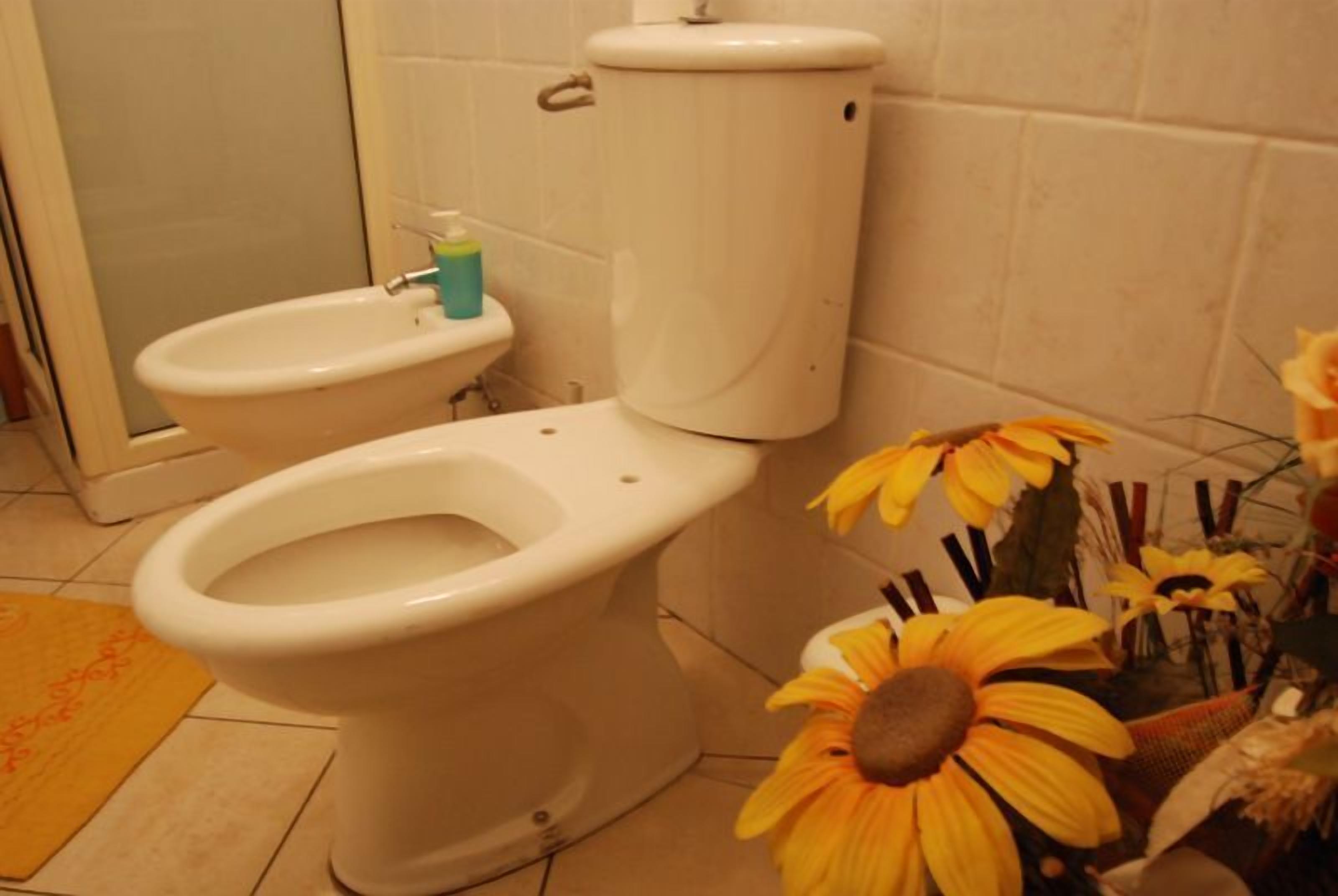 Ein Badezimmer mit Toilette, Bidet und einer gelben Matte auf dem Boden.