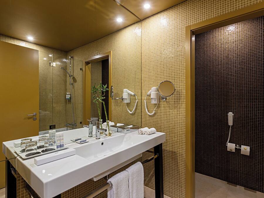 Une salle de bain moderne avec un grand lavabo blanc, un miroir, une douchette à main et des toilettes.