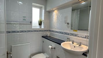 A bathroom with a white toilet, a sink, and a mirror.