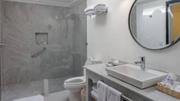 Habitación familiar | Baño | Artículos de higiene personal de diseño, secador de pelo y toallas