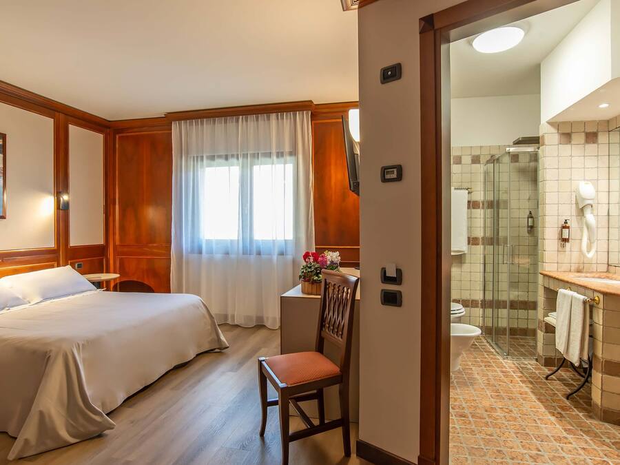 Una camera d'albergo con un letto, una sedia, una scrivania, una finestra con tende, un bagno con doccia e un lavandino.