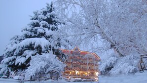 A hotel with multiple floors, snow-covered trees, and a well-lit exterior.