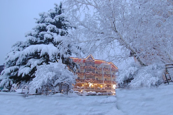 A hotel with multiple floors, snow-covered trees, and a well-lit exterior.