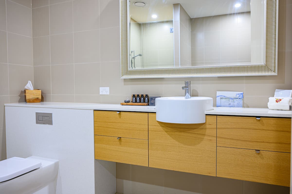 designer toiletries, hair dryer, bathrobes, towels