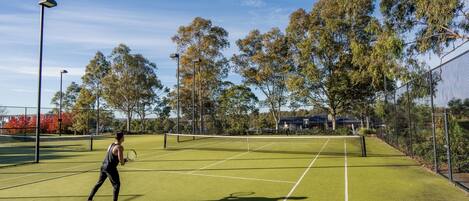A tennis court with a net, surrounded by trees and a fence.