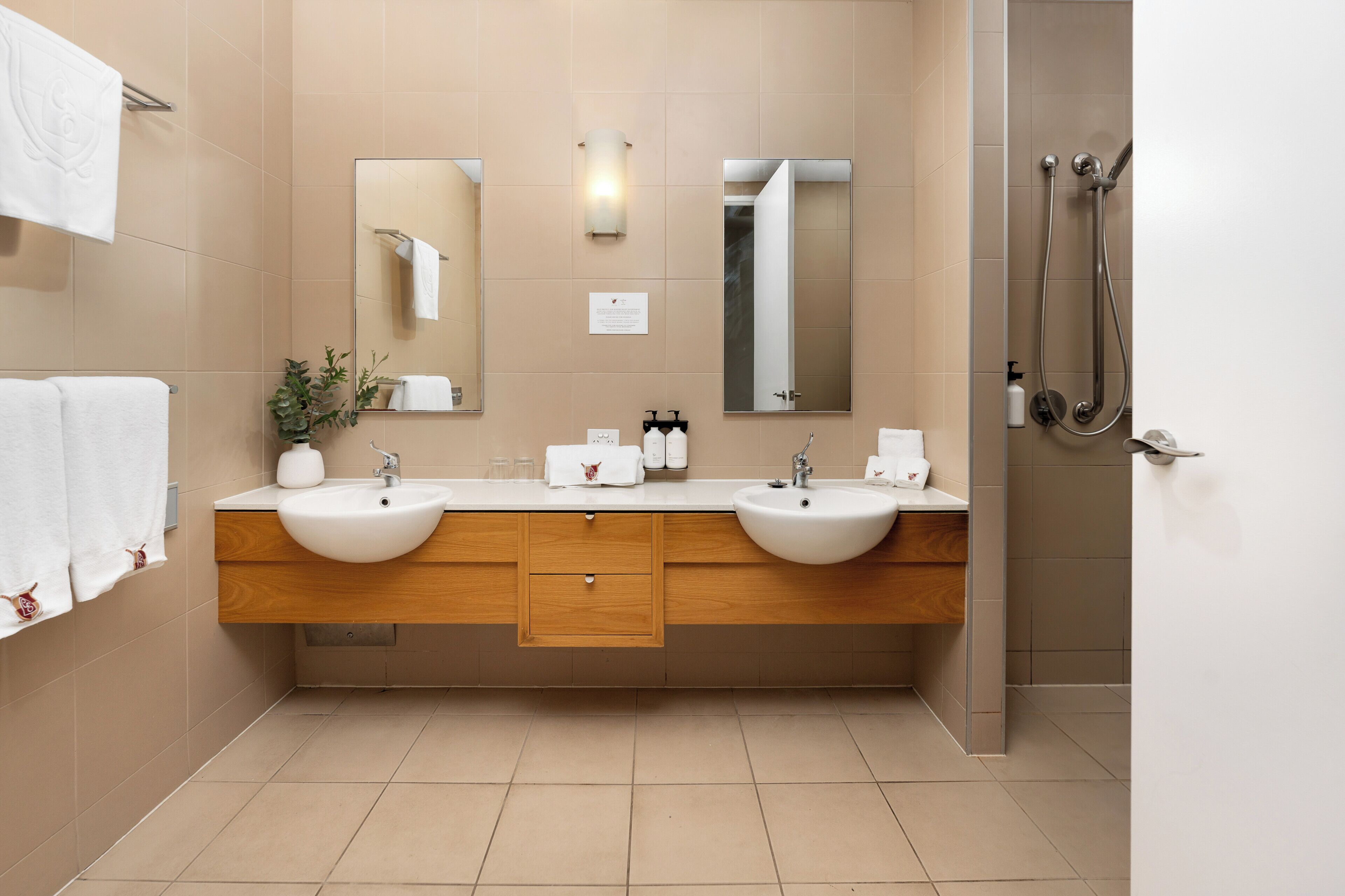 A modern bathroom with two sinks, a mirror, a towel rack, and a shower area.