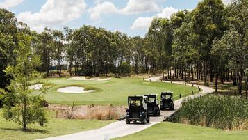 Un parcours de golf avec des allées bien définies, des bunkers de sable et une rangée de voiturettes de golf.
