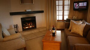 Una sala de estar acogedora con chimenea, un televisor montado en la pared y una mesa de centro con una botella de vino.