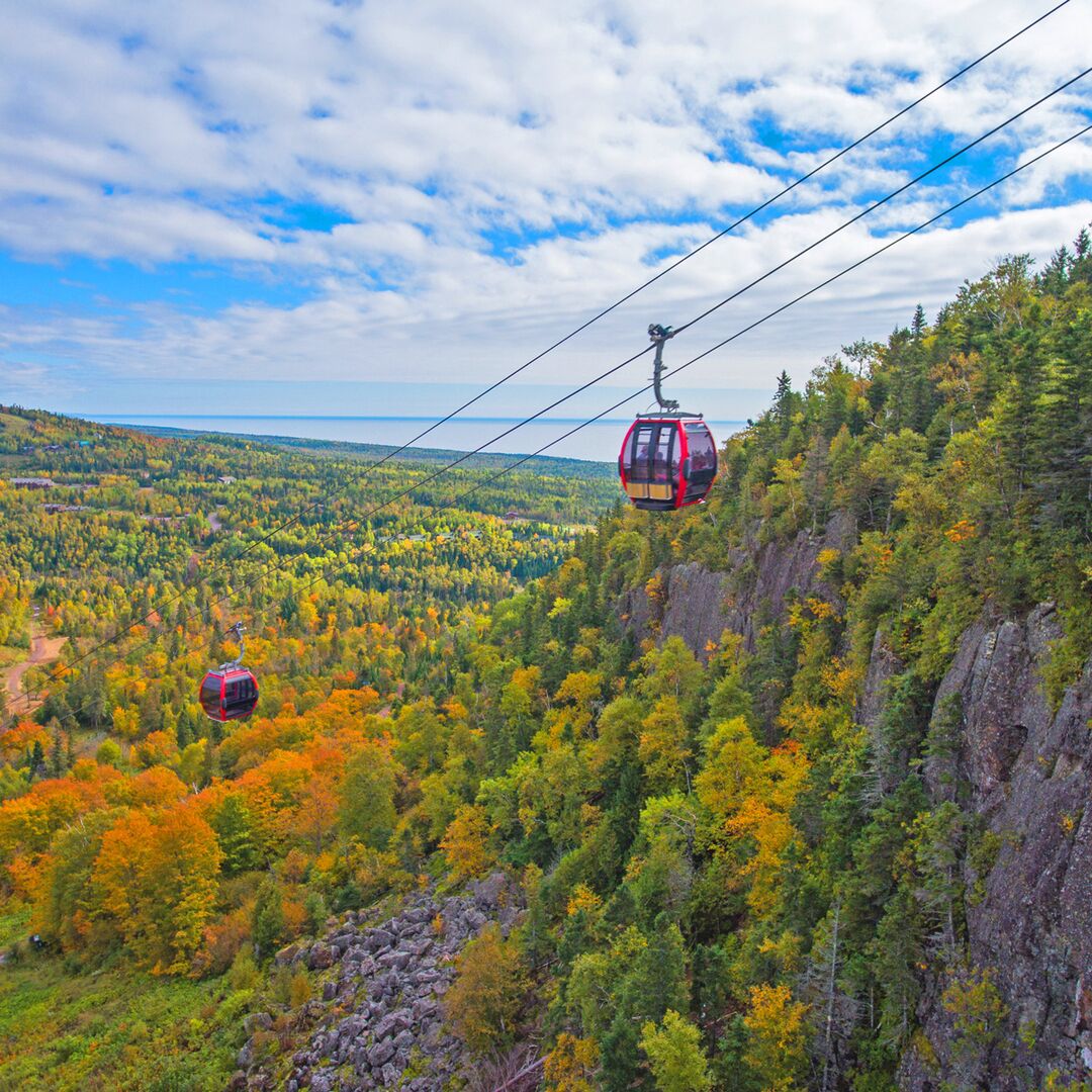 A cable car system in a mountainous area with autumn foliage.