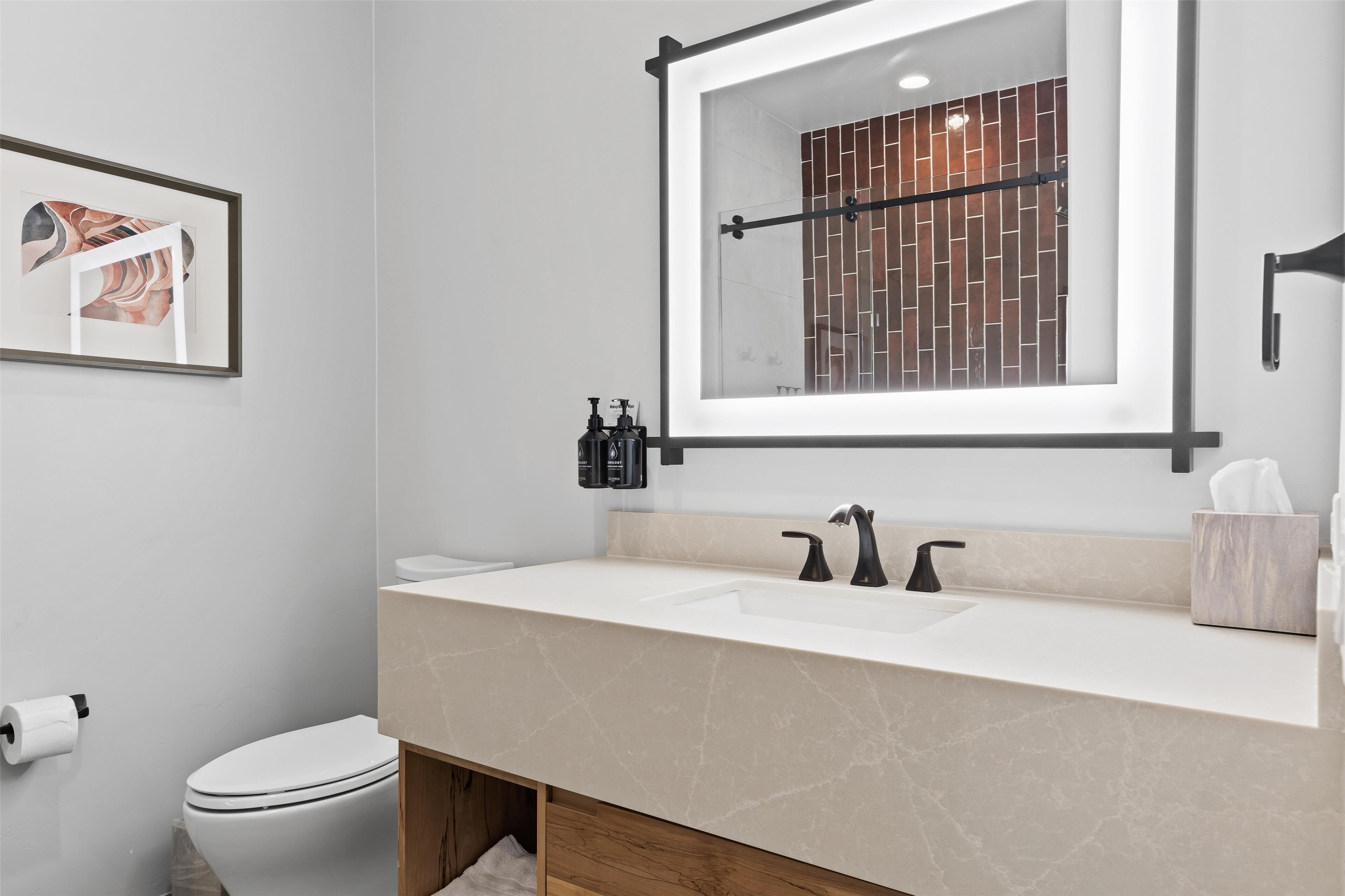 A modern bathroom with a double sink, a toilet, and a framed picture on the wall.