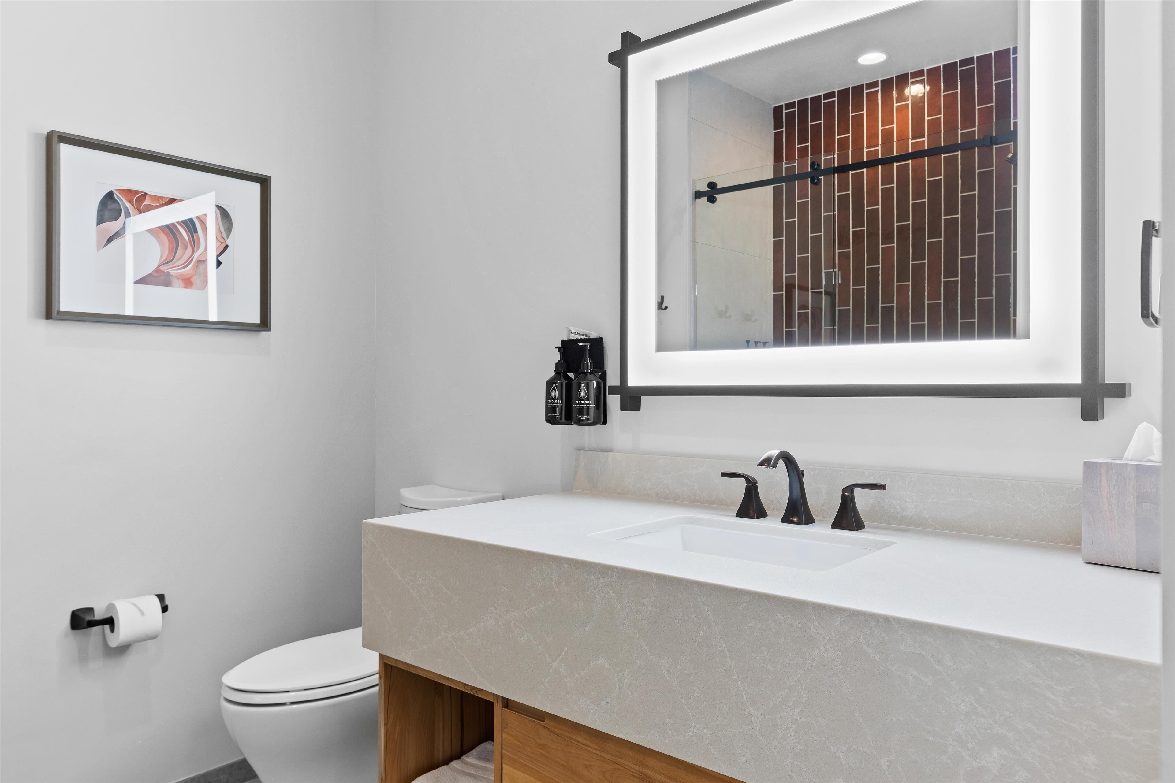 A modern bathroom with a white sink, two faucets, a mirror, and a framed artwork on the wall.