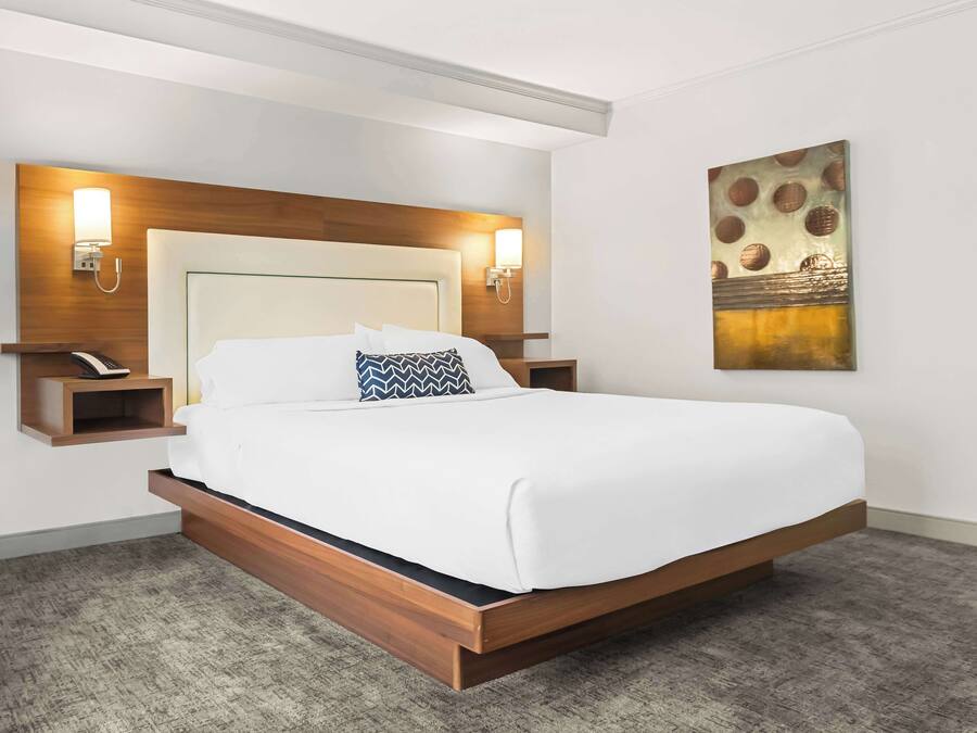 A modern hotel room with a large bed, wooden headboard, bedside tables with lamps, and a decorative wall piece.