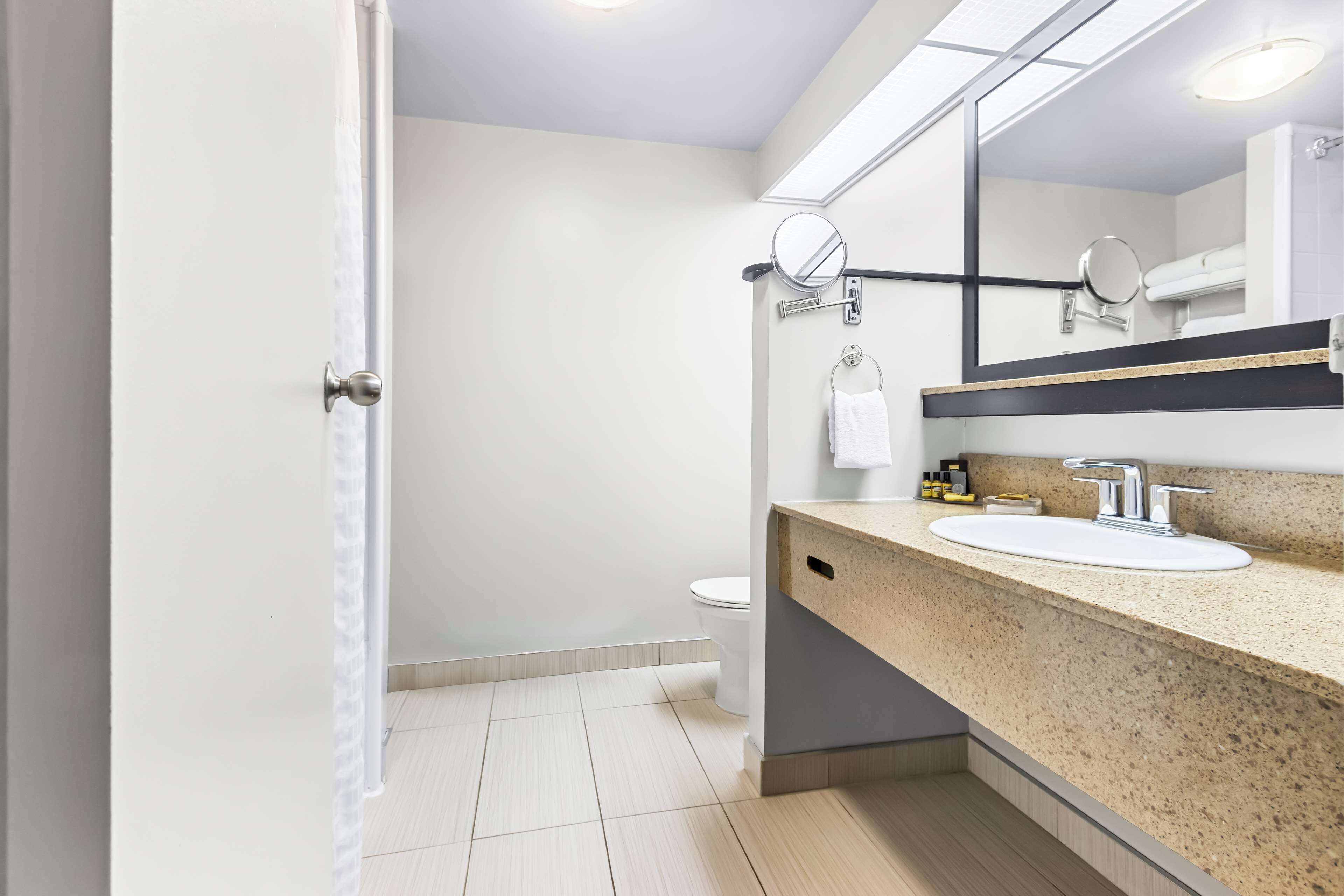 combined shower/bathtub, free toiletries, hair dryer, towels